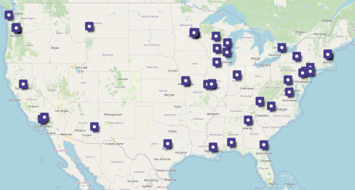 A map with purple pins showing locations of friendly booksellers